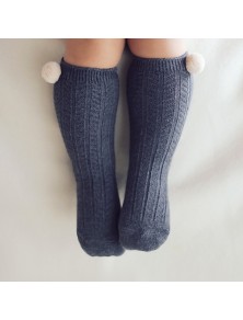 Baby Pompom Knee High Socks - Grey