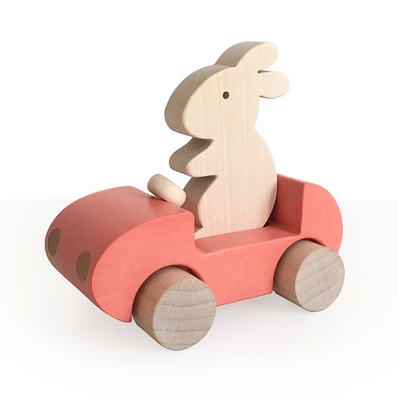 Briki Wooden Push Along Bunny Car - Coral